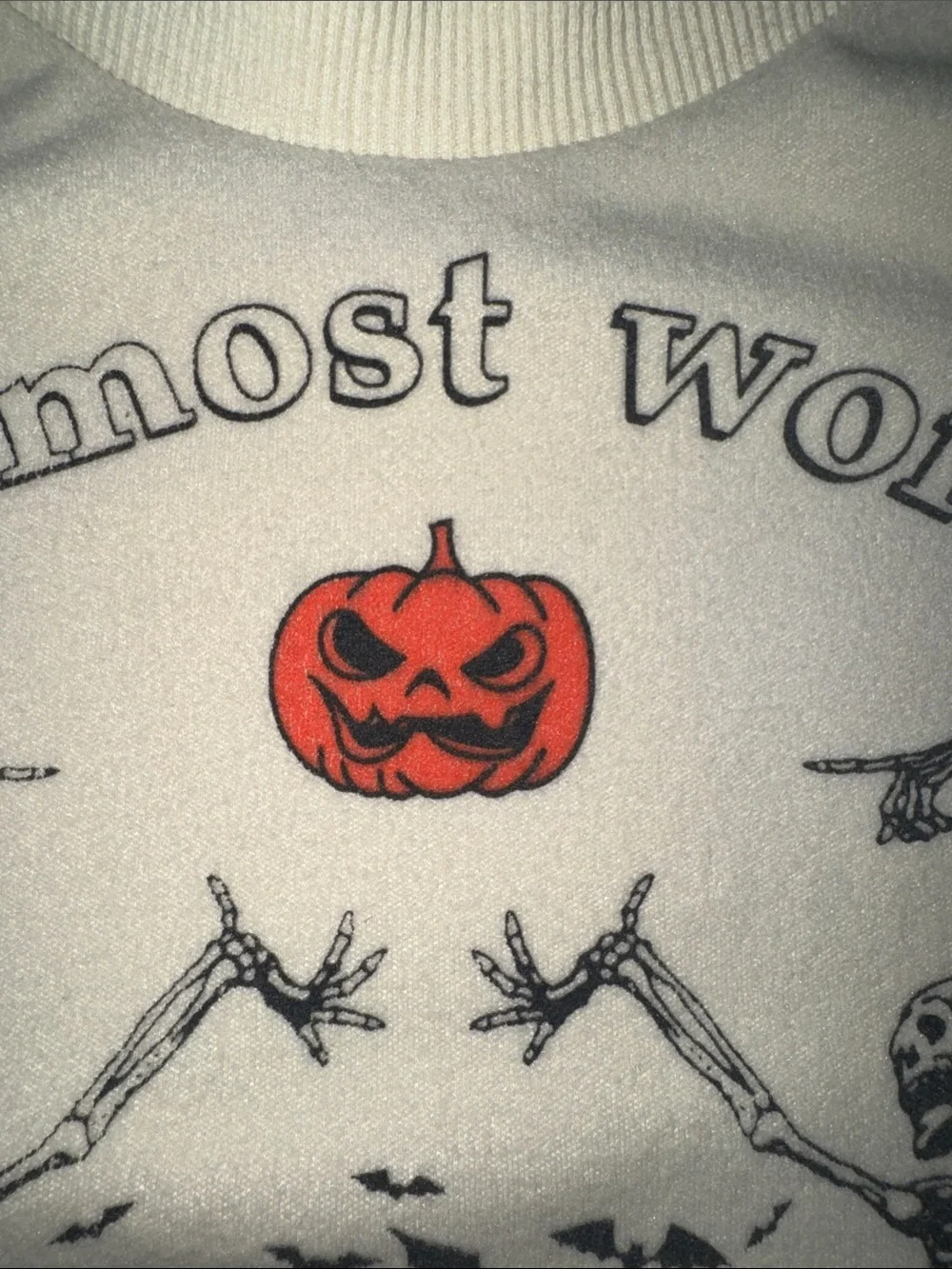 Cream Felt Halloween Skeleton One-Piece Bodysuit with Pumpkin Graphic